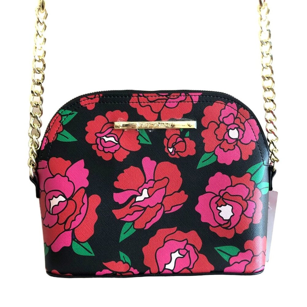 NWT Betsey Johnson Pink Black Floral Crossbody Bag Gold Chain Strap